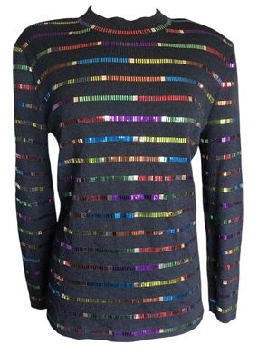 St. John Evening Black Knit Top with Red, Green and Copper Sequin Stripes Sz 16
